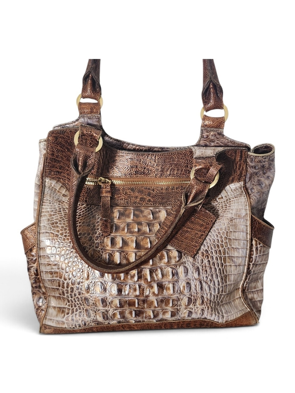 Brahmin Brown Croc-Embossed Satchel with Gold Hardware